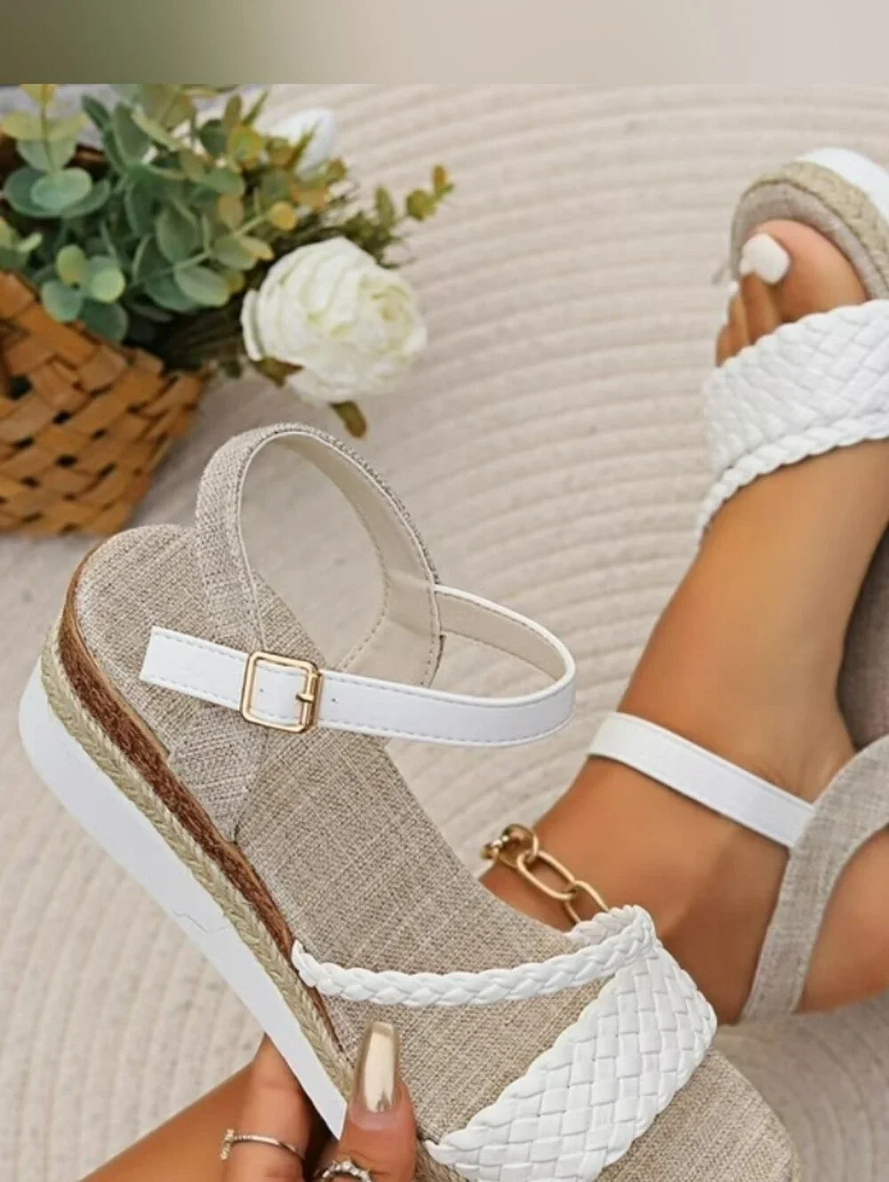 Braided White Espadrille Wedge Sandals with Ankle Strap